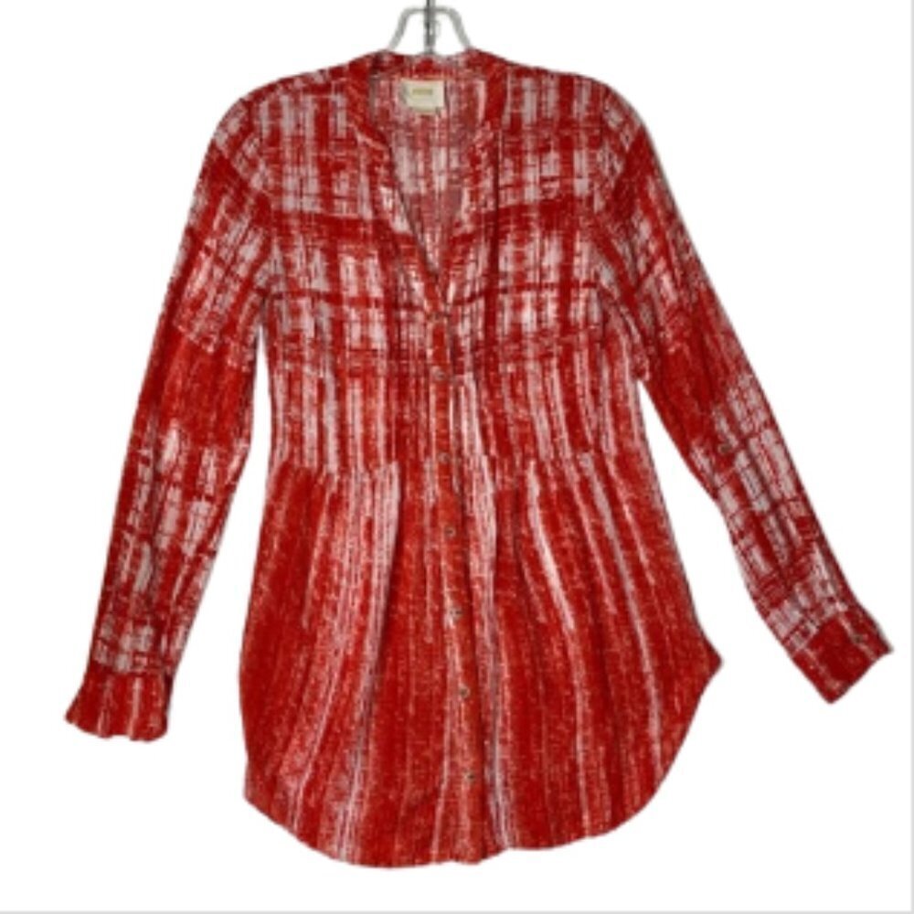 MAEVE ANTHROPOLOGIE Orange Long Roll Tab Sleeve Blouse Tunic Button Rayon Top